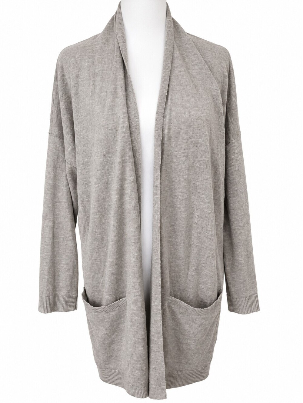 Eileen Fisher Organic Linen & Cotton Taupe Long Cardigan Open-front S/P Pockets